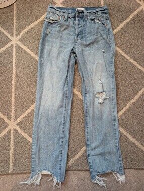 Pistola High Rise Distressed Straight Leg Jeans Light Wash Raw Hem Size 26